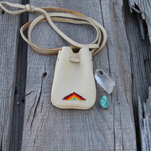 Beaded leather pouch , Buckskin leather medicine bag ,  Amulet bag , Necklace bag