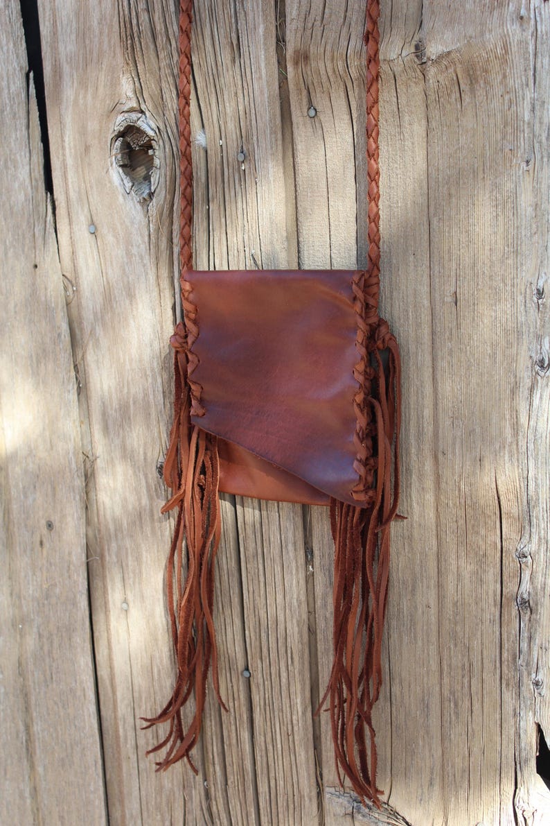 Fringed Leather Crossbody Phone Bag, Rust Color 画像 1