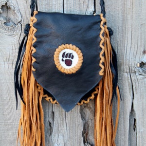 Fringed leather handbag, beaded bear paw, bear paw handbag, leather handbag, small size handbag, phone bag image 2