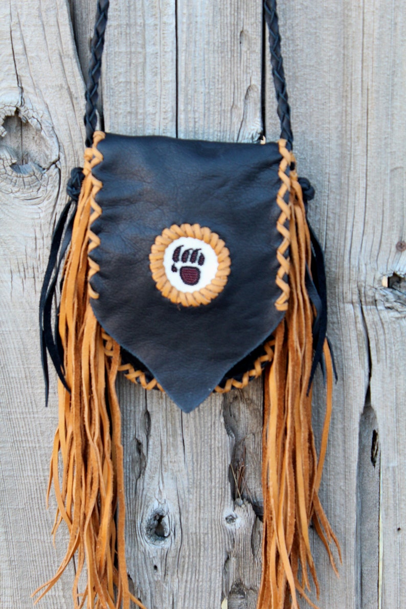 Fringed leather handbag, beaded bear paw, bear paw handbag, leather handbag, small size handbag, phone bag image 2