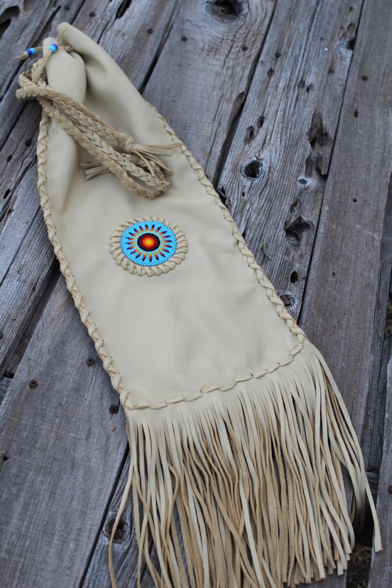 Beaded chanupa bag , Leather pipe bag , Fringed leather pipe bag image 4