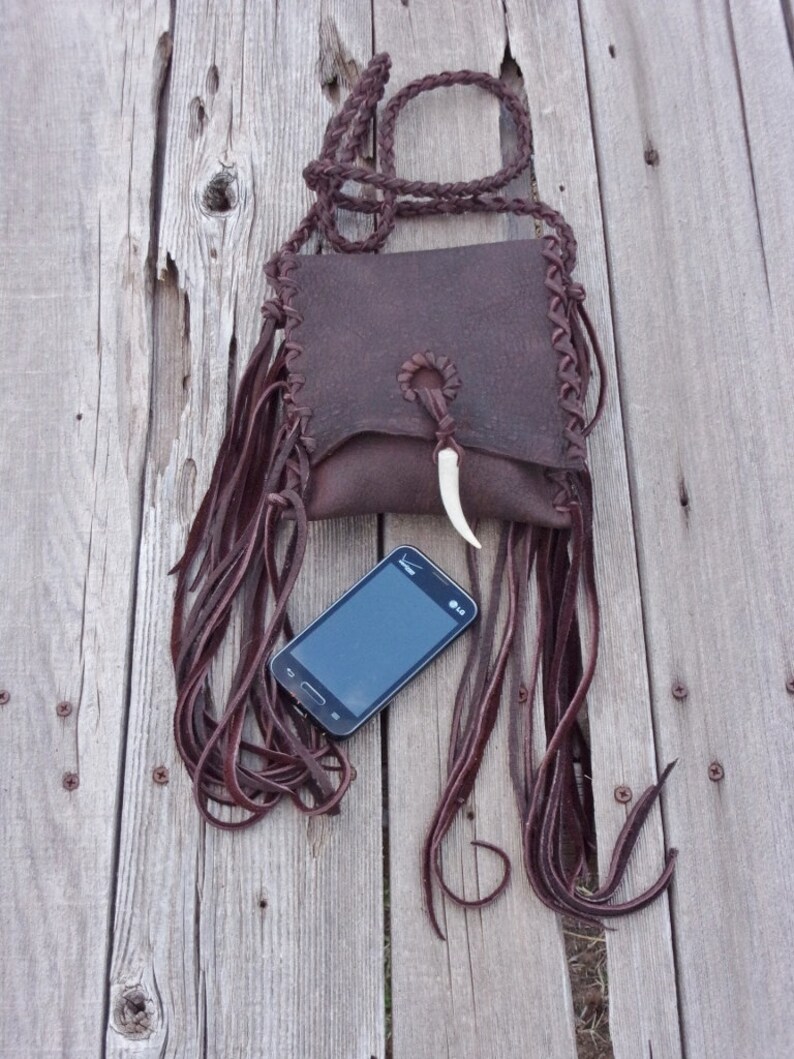 Fringed leather bag , Small brown leather purse, Brown leather possibles bag, Small leather phone bag, Unique image 3