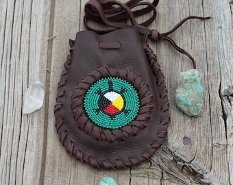 Beaded Leather Turtle Medicine Bag: Four Directions Totem