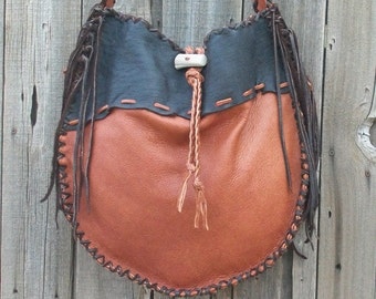 Leather drum bag ,  Fringed leather handbag ,  Crossbody tote