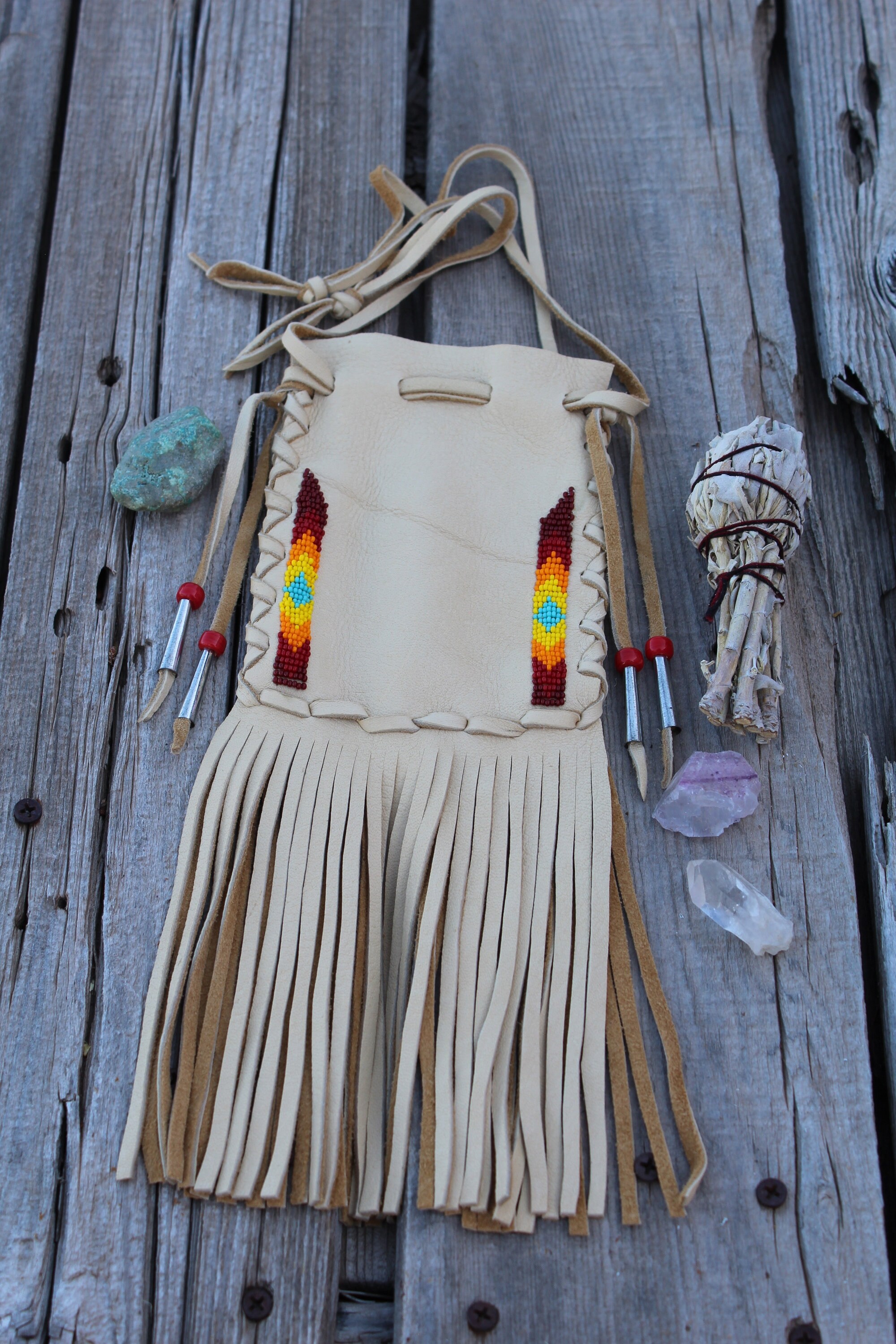 Beaded Leather Bag Drawstring Medicine Bag Beaded Fringed Etsy