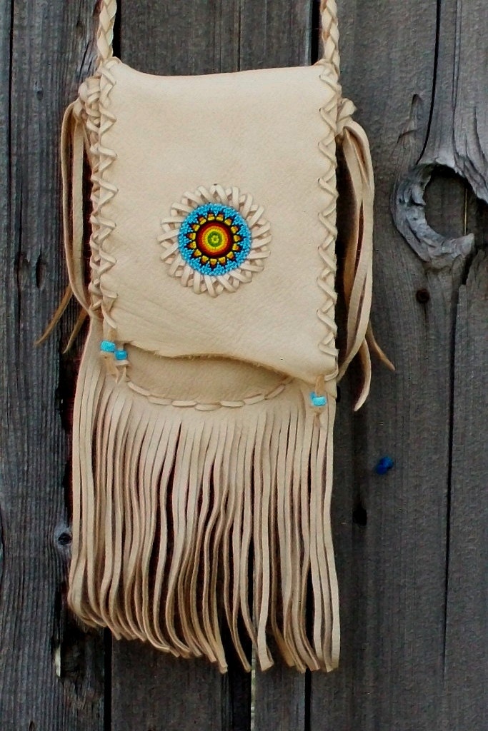 Leather hippie handbag fringed beaded bag rainbow beaded | Etsy
