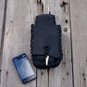 Black leather belt bag for your phone , Black leather phone case , Black leather hip bag