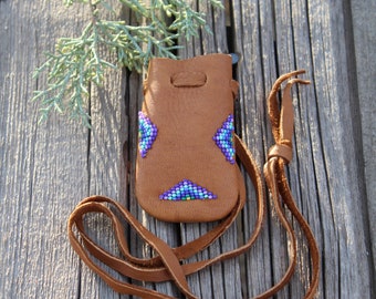 Beaded Buckskin Amulet Bag, Small Medicine Pouch Necklace