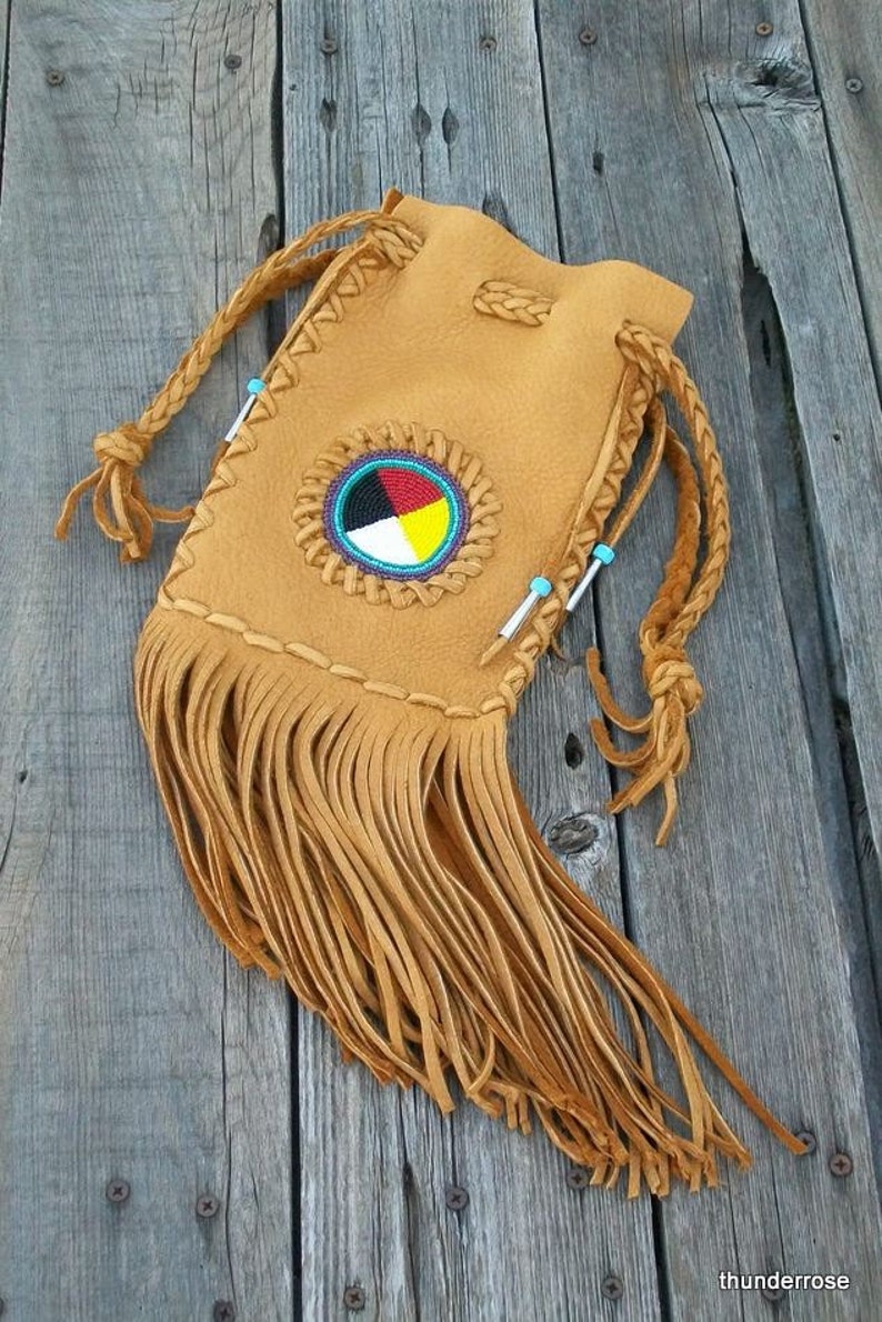 Beaded Medicine Bag Fringed Cedar Bag Beaded Leather Bag Etsy