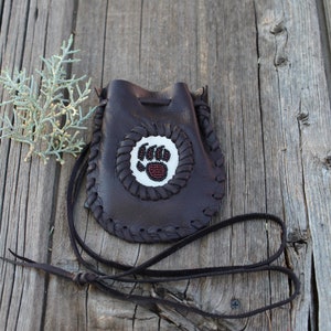 Beaded bear paw medicine bag, leather medicine bag, necklace bag, bear talisman bag, bear totem pouch , leather pouch, medicine bag