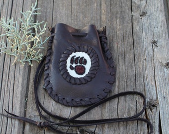 Beaded Leather Bear Paw Medicine Bag: Totem Talisman Pouch