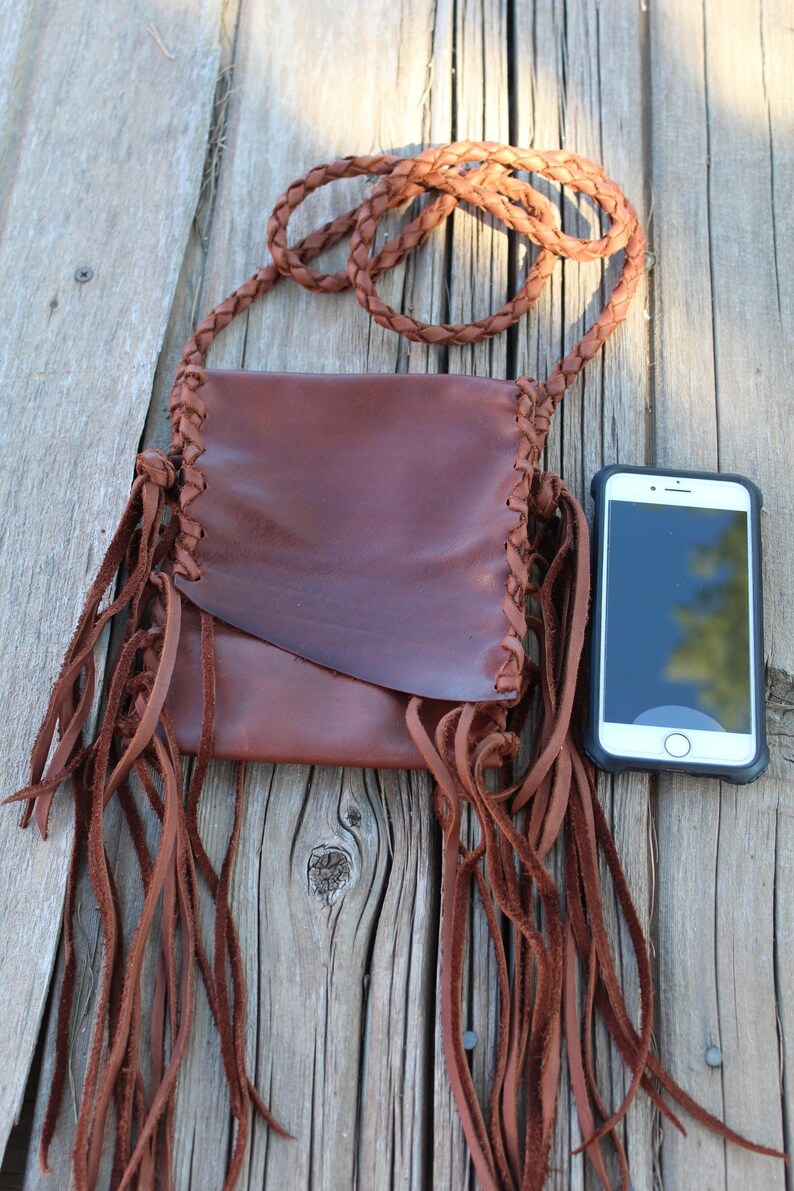Fringed Leather Crossbody Phone Bag, Rust Color 画像 7
