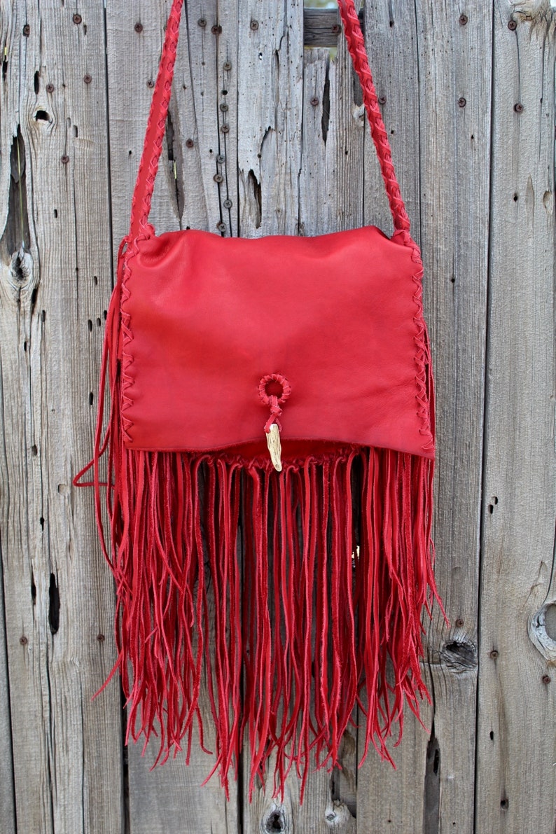 Red Leather Fringed Handbag Fringed Leather Purse Boho Etsy