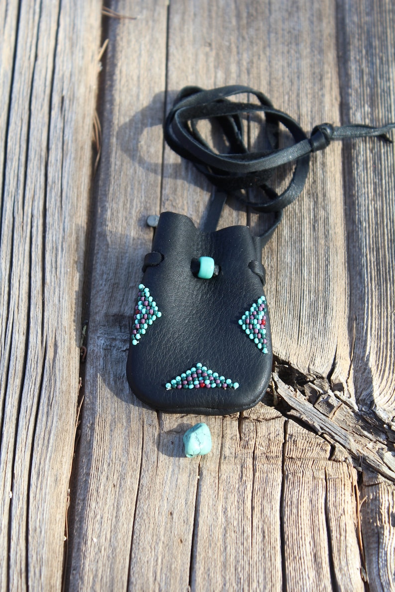 Beaded medicine bag , black medicine bag, leather necklace bag, keepsake pouch , amulet bag image 4