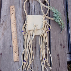 Shaman's bag , Pow wow dance bag , Tribal medicine bag , Fringed leather amulet bag , Leather neck bag image 2