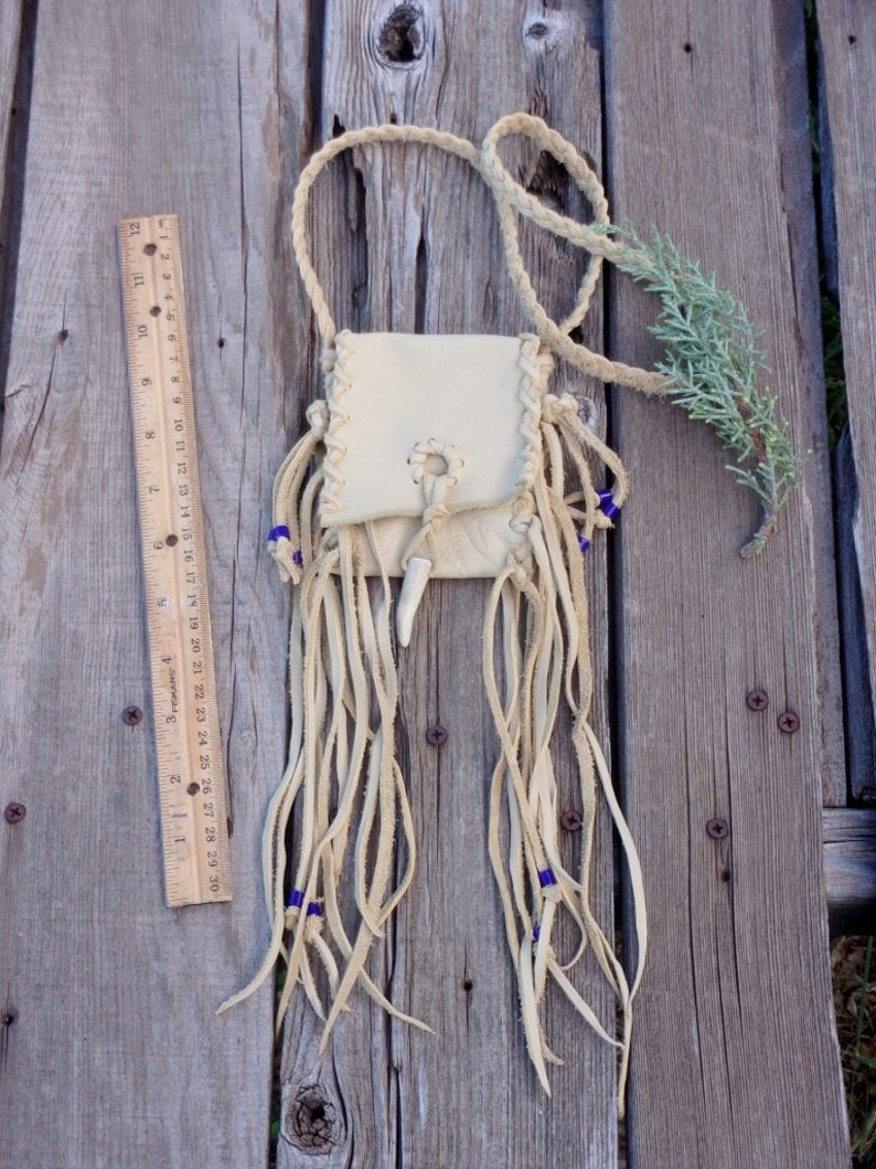 Shaman's bag , Pow wow dance bag , Tribal medicine bag , Fringed leather amulet bag , Leather neck bag image 2