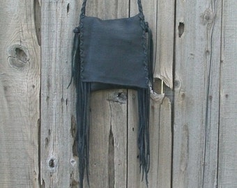 Black leather handbag with fringe ,  Fringed leather phone bag ,  Black crossbody purse