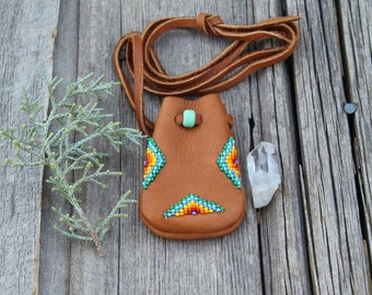 Beaded Buckskin Medicine Bag, Leather Necklace