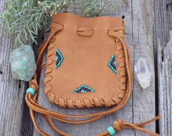 Beaded medicine pouch ,  Leather medicine bag , Carved fetish bag ,  Drawstring medicine bag