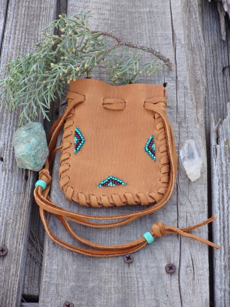 Beaded Medicine Pouch Leather Medicine Bag Carved Fetish Etsy