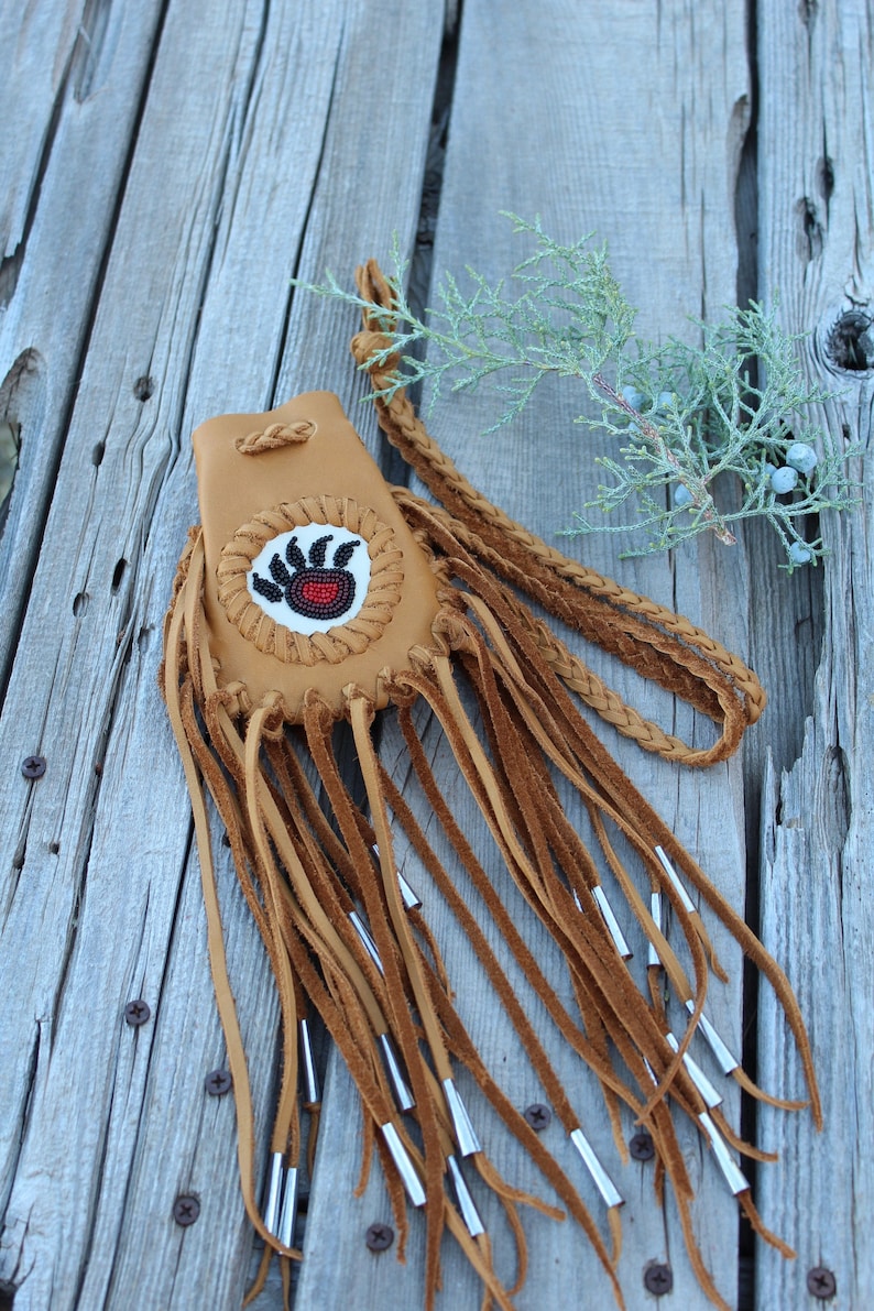 Fringed medicine bag with bear totem , Beaded amulet bag , leather necklace bag image 1