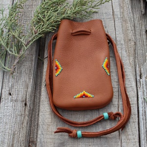 Beaded medicine bag, large medicine bag, leather amulet bag, drawstring pouch