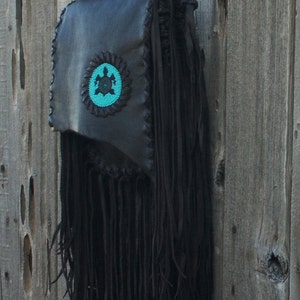 Leather handbag, Artisan crossbody bag with beaded turtle totem , Fringed leather handbag image 3