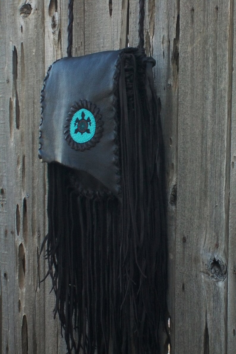 Leather handbag, Artisan crossbody bag with beaded turtle totem , Fringed leather handbag image 3