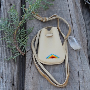 Beaded buckskin bag , Leather medicine pouch , Crystal bag , Talisman bag