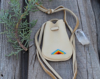 Beaded buckskin bag , Leather medicine pouch , Crystal bag , Talisman bag