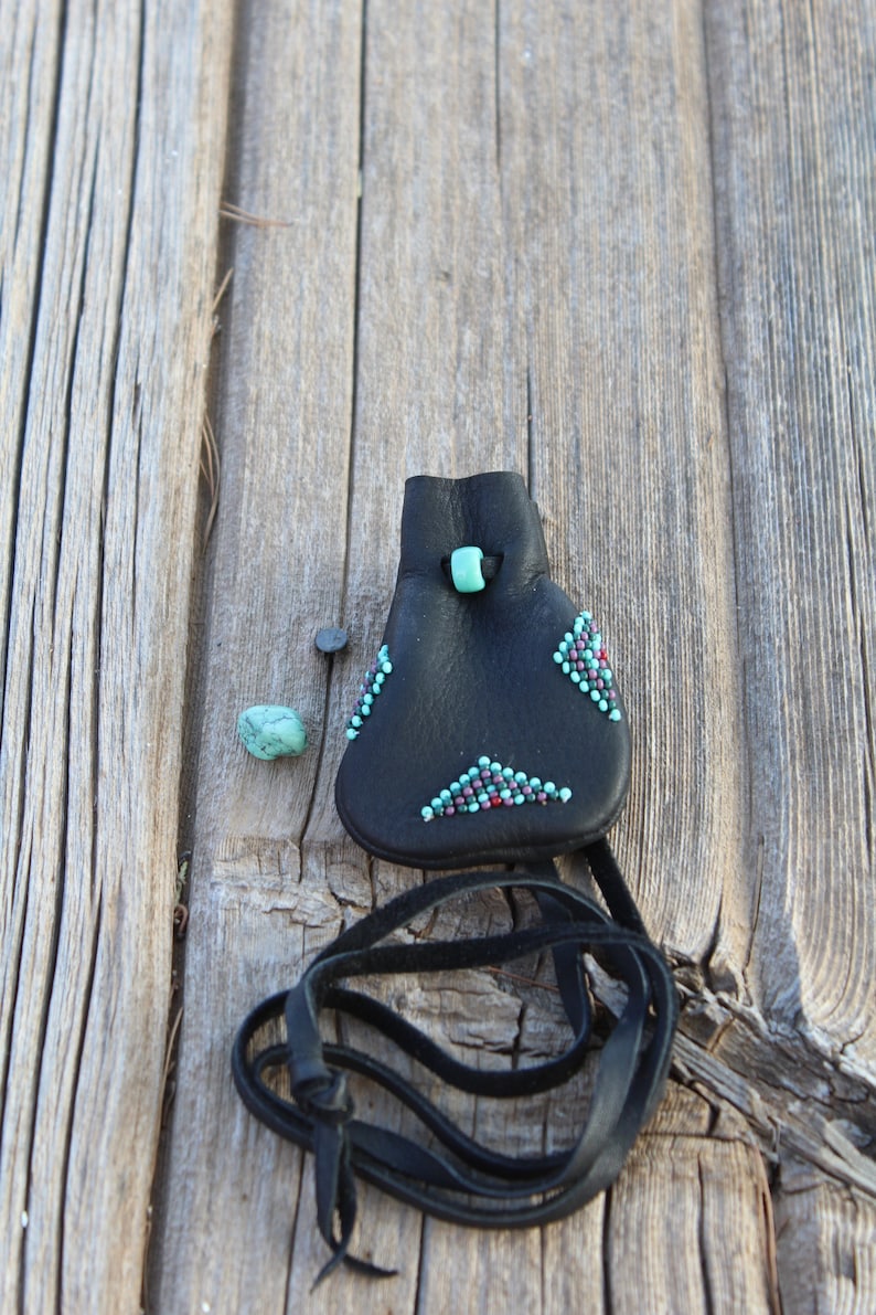 Beaded medicine bag , black medicine bag, leather necklace bag, keepsake pouch , amulet bag image 6