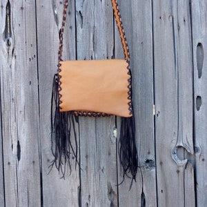 Leather handbag with fringe , boho bag, fringed handmade purse