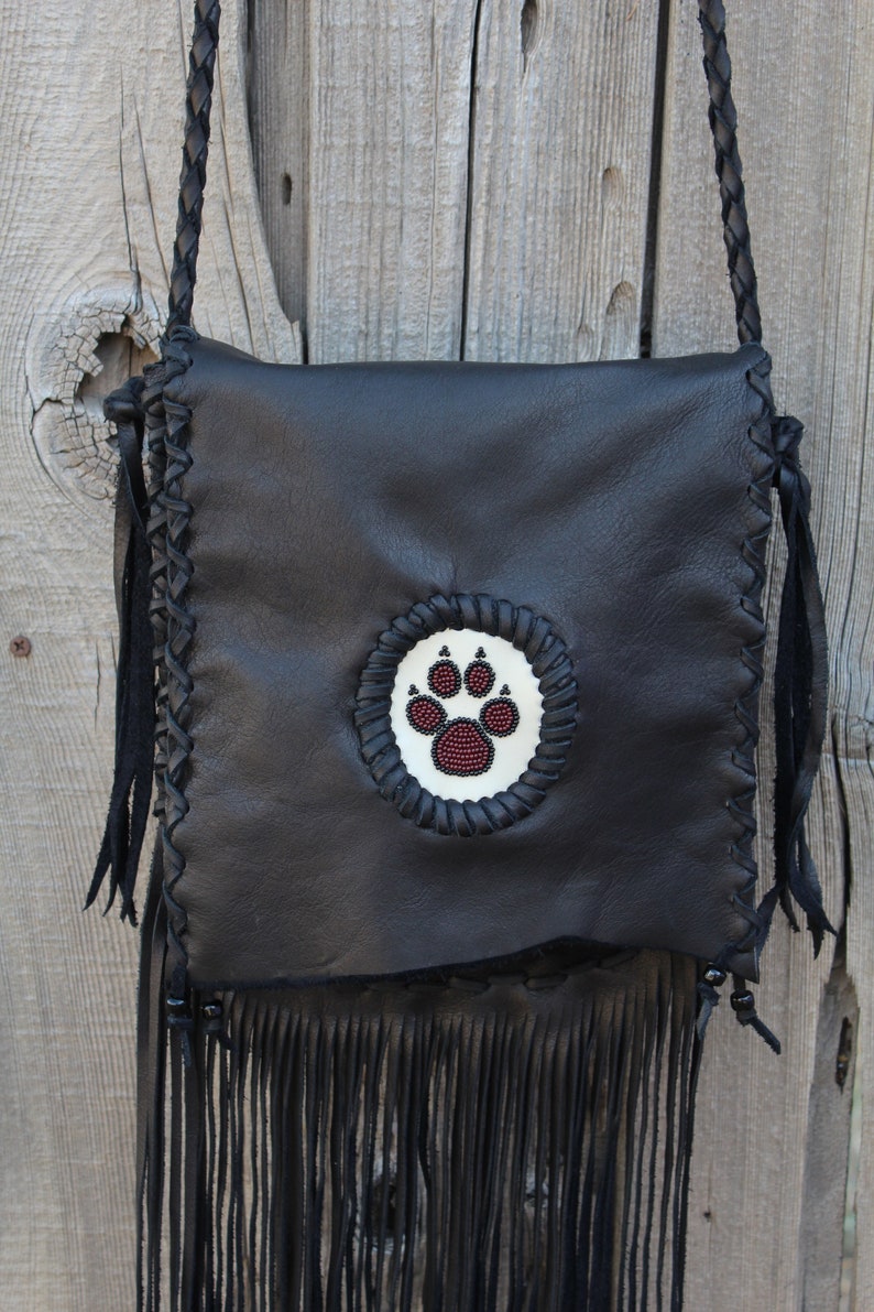 Wolf paw medicine bag , Fringed leather handbag , Crossbody handbag , Wolf paw totem bag image 4