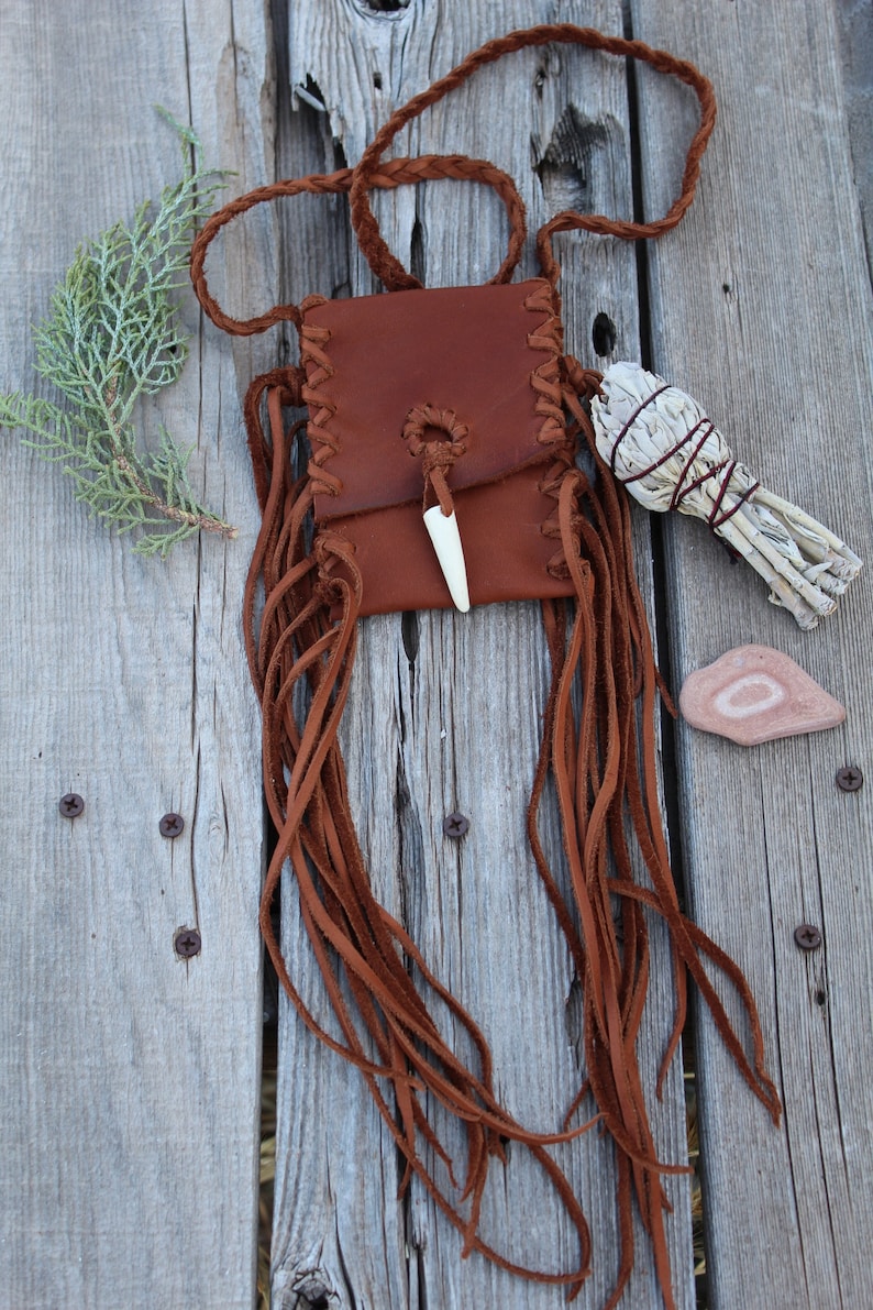 Leather Neck Pouch With Fringe and an Antler Tip Closure Etsy