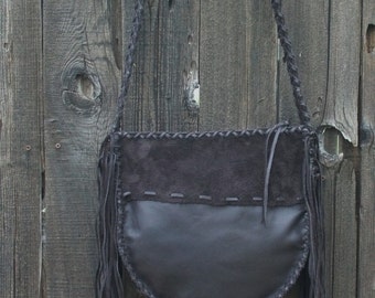 Dark brown leather tote with fringe and a zipper closure , Dark brown fringed handbag