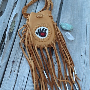 Fringed medicine bag with bear totem , Beaded amulet bag , leather necklace bag image 2