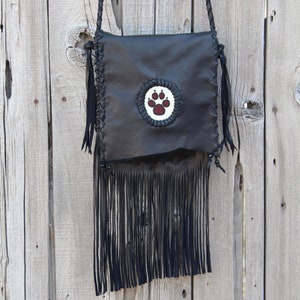 Wolf paw medicine bag , Fringed leather handbag , Crossbody handbag , Wolf paw totem bag image 3