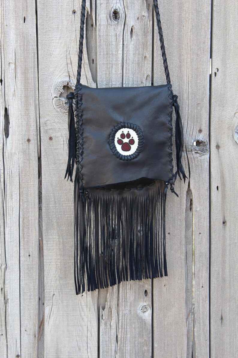 Wolf paw medicine bag , Fringed leather handbag , Crossbody handbag , Wolf paw totem bag image 3