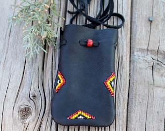 Beaded Black Buckskin Medicine Bag: 4 Directions Design