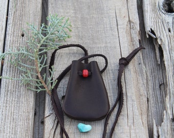 Brown Leather Medicine Bag Necklace: Crystal Pouch, Talisman Bag