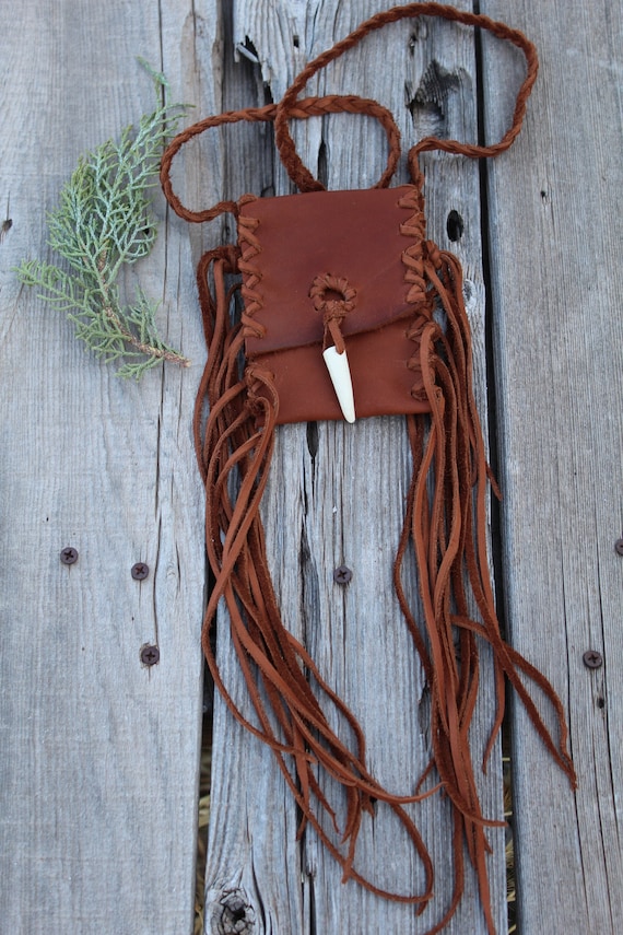 Leather neck pouch with fringe and an antler tip closure , Fringed medicine bag , Leather neck bag