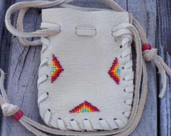 Beaded rainbow bag , drawstring leather pouch  , children's gift bag , small beaded pouch , crystal pouch