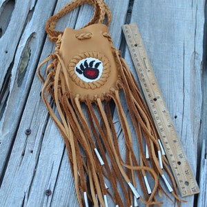 Fringed medicine bag with bear totem , Beaded amulet bag , leather necklace bag image 7