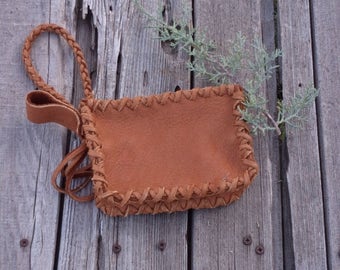 Zippered leather clutch , Soft leather wrist bag , Leather phone bag