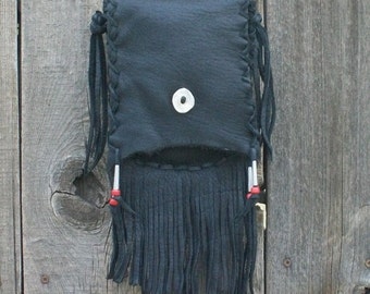 Fringed leather purse ,  Black leather handbag ,  Leather crossbody bag ,  Leather shoulder bag