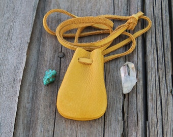 Gold Leather Medicine Pouch: Crystal Amulet Necklace Bag