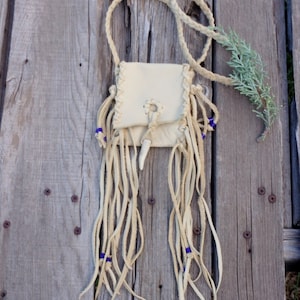 Shaman's bag , Pow wow dance bag , Tribal medicine bag , Fringed leather amulet bag , Leather neck bag image 1