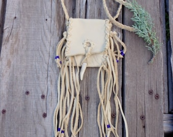 Fringed Leather Amulet Bag: Tribal Medicine Pouch, Antler Closure