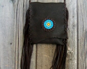 Fringed leather crossbody handbag , Simple brown leather phone bag , Fringed waist bag , Leather handbag