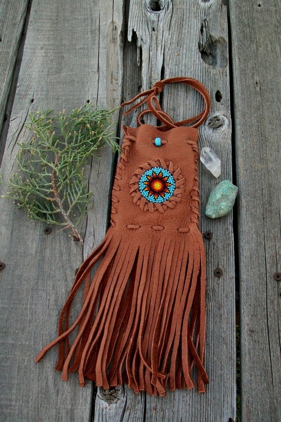 Fringed medicine bag with a beaded sunflower Fringed amulet | Etsy